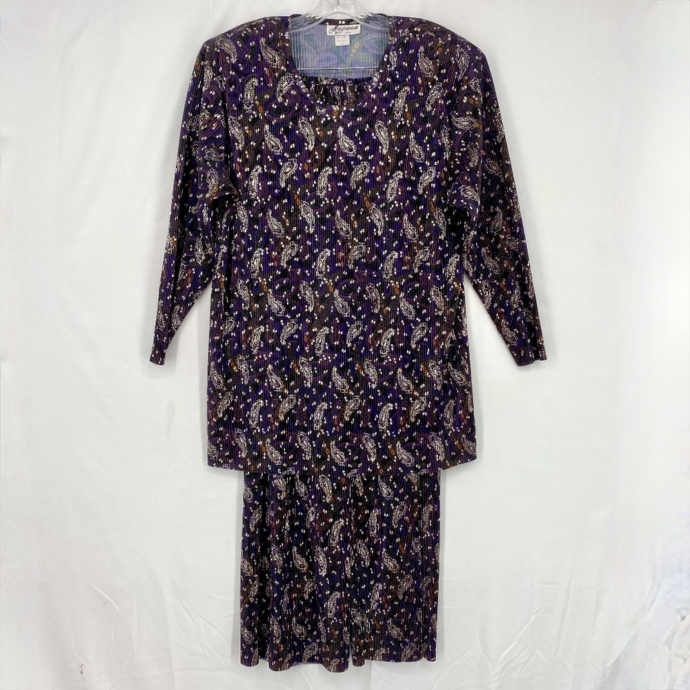 Maxima Womens Large Tunic Top and Wide Leg Pants Two Piece Set Purple Gold VTG